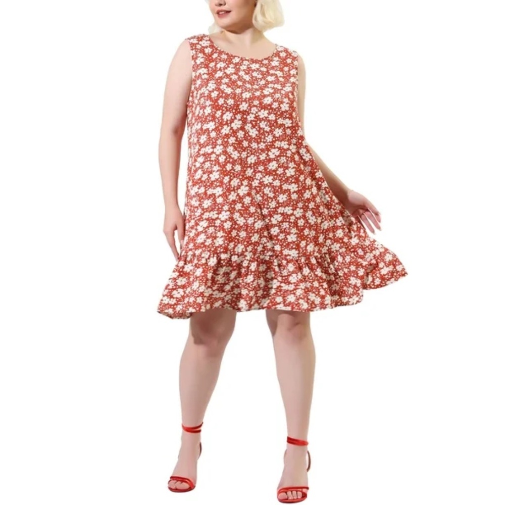 Agnes Orinda Ruffled Hem Casual Red and White Floral Sleeveless Dress Size: 4X